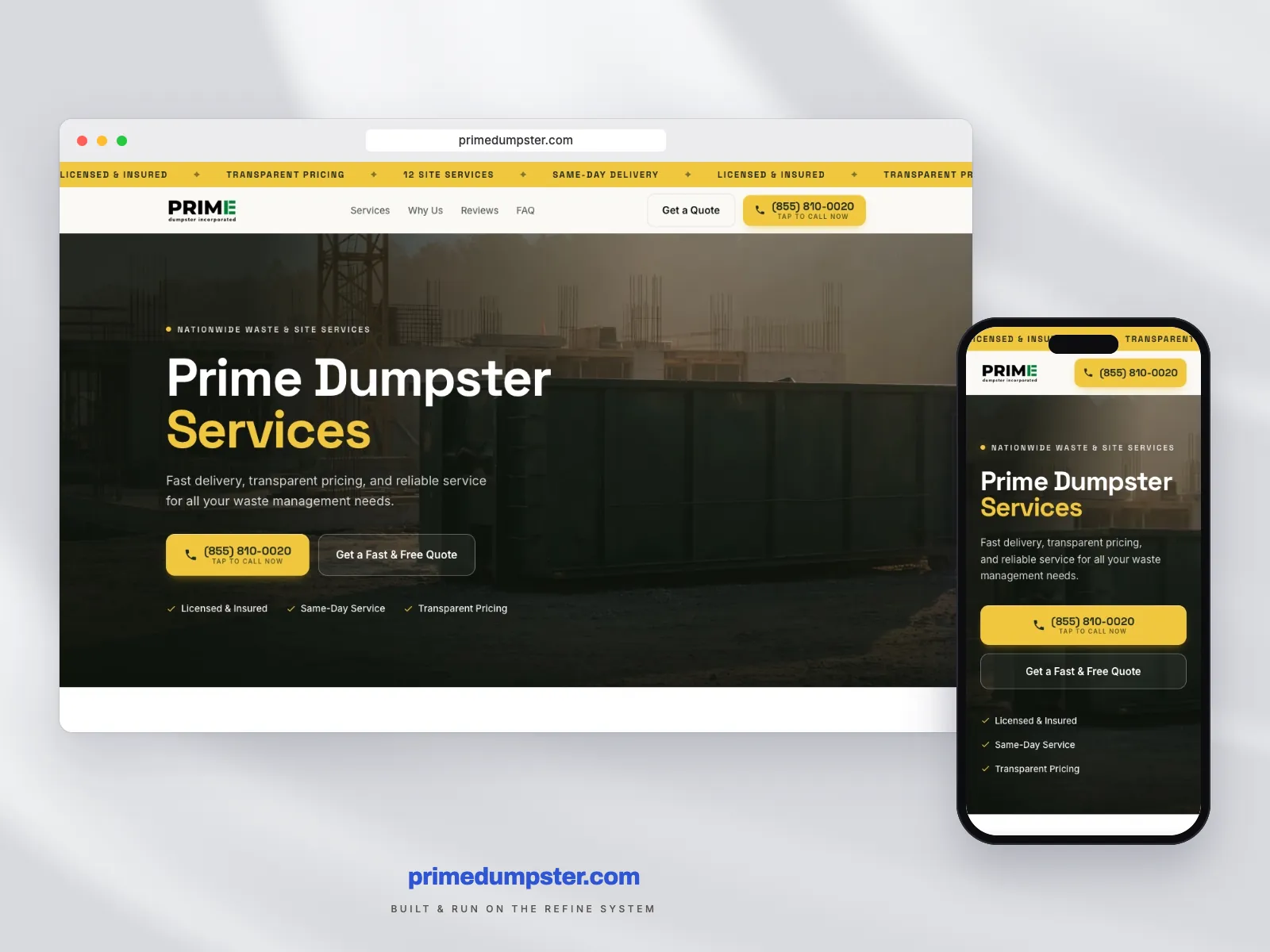 primedumpster.com shown on desktop and mobile