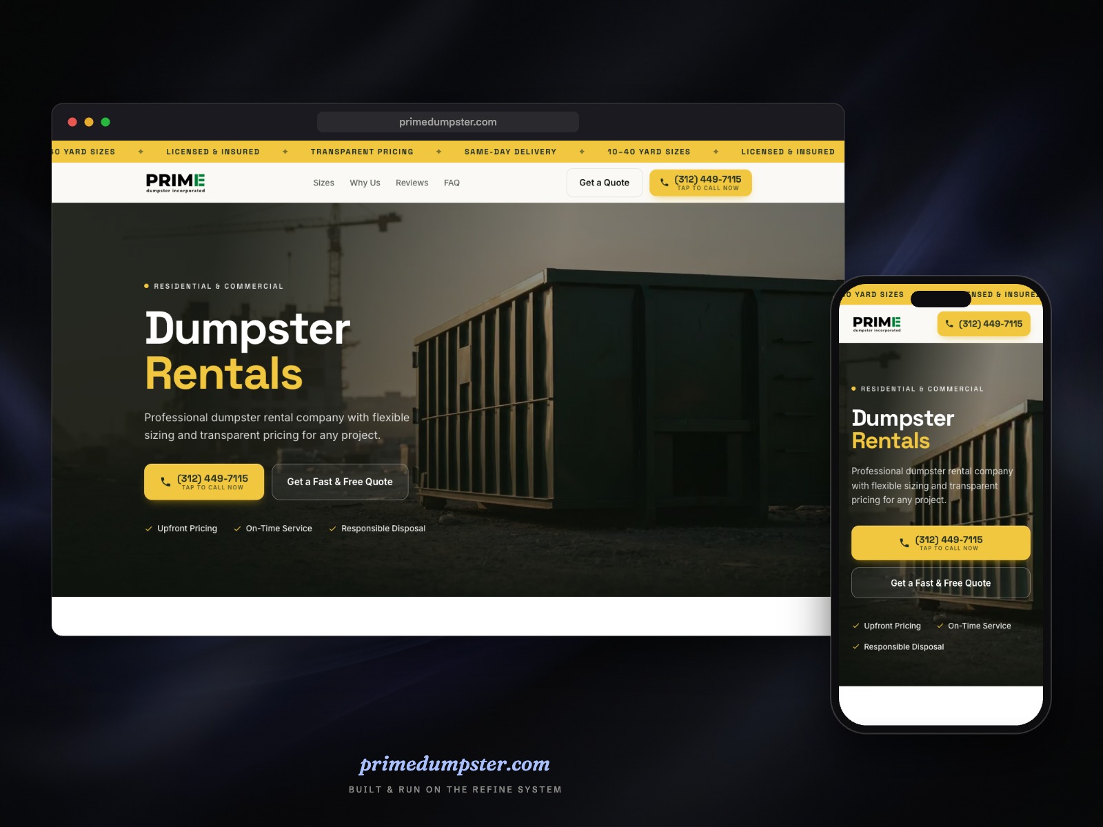 primedumpster.com shown on desktop and mobile